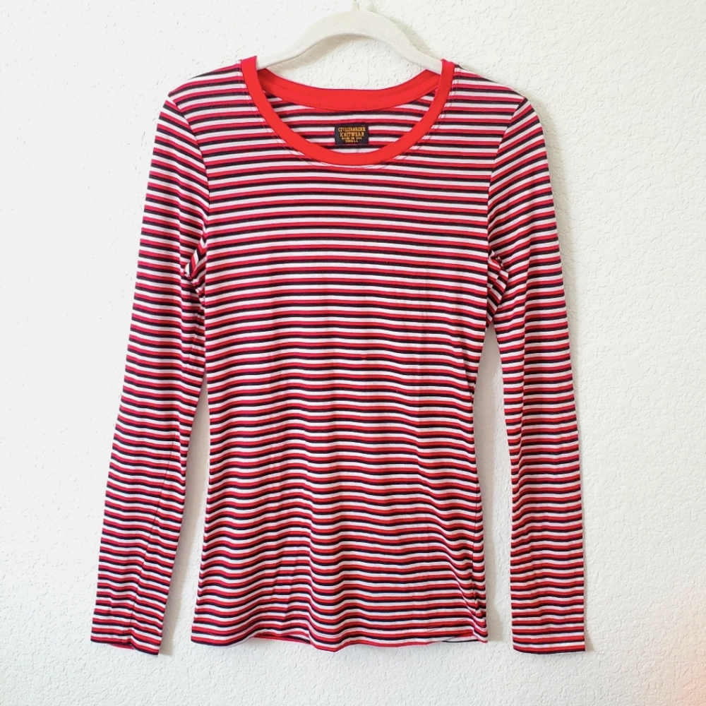 Civilianaire Striped Red White Crew Neck Long Sleeve Tee Top Shirt S Made in USA